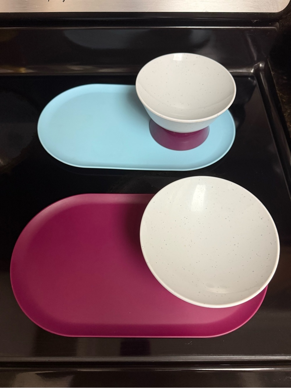 Set of Two Oval Trays with White Speckled Bowls - Blue & Magenta